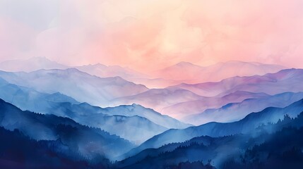 Breathtaking Watercolor-Inspired Panoramic Mountain Landscape at Serene Sunrise
