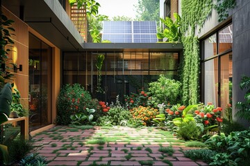 Solar cell technology in garden flat design front view green energy theme 3D render Triadic Color Scheme