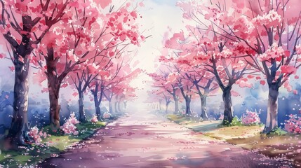 Naklejka premium Delicate watercolor painting depicting a serene lane lined with blooming cherry blossom trees in soft pastel shades.