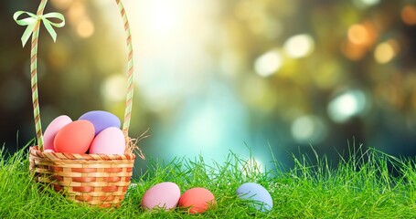 Bright painted easter eggs on nature background