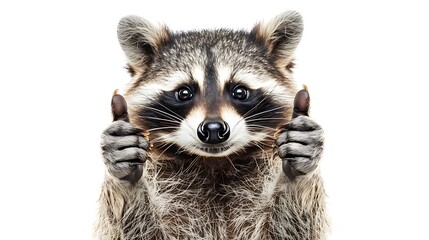 Raccoon showing thumbs up sign on white background 