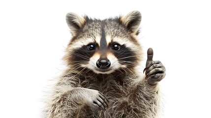 Raccoon showing thumbs up sign on white background 