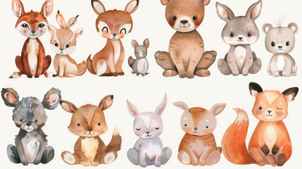 Watercolor Illustrations of Adorable Animals in Various Poses, Perfect for Children's Educational Materials and Storybooks