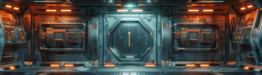 Alien technology door on a spacecraft, side view, Alien tech access, cybernetic tone, Complementary Color Scheme