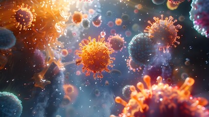 Captivating Aerial Perspective of a Vibrant Microscopic Realm Teeming with Synchronized Immune Cells in a Digital CG 3D Dance of Defense and