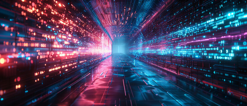 Digital door displaying fluctuating time and space data, front view, Timespace data display, digital binary as object, vivid