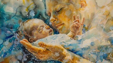 Soft Watercolor Depiction of Newborn Miracle and Parental Joy