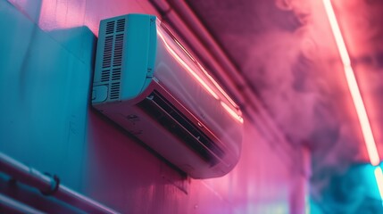 Ac hvac splitter on the wall in neon glowing colors with dust or smoke