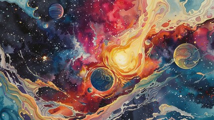 water color abstract of space, planets in cosmos, infinity space