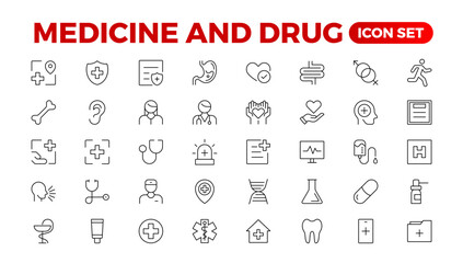 Set of medicine Icons. Simple line art style icons pack. Vector illustration.pharmaceutical. Linear icon collection. Outline icon collection.