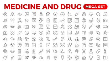 Set of medicine Icons. Simple line art style icons pack. Vector illustration.pharmaceutical. Linear icon collection. Outline icon collection.