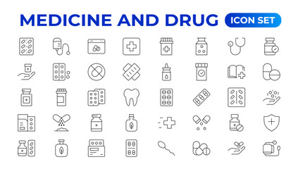 Set of medicine Icons. Simple line art style icons pack. Vector illustration.pharmaceutical. Linear icon collection. Outline icon collection.