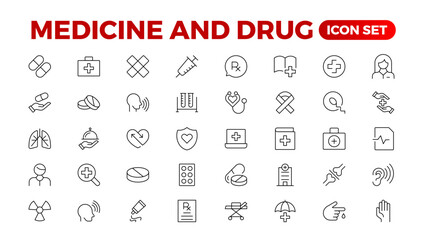 Set of medicine Icons. Simple line art style icons pack. Vector illustration.pharmaceutical. Linear icon collection. Outline icon collection.