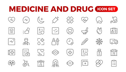 Set of medicine Icons. Simple line art style icons pack. Vector illustration.pharmaceutical. Linear icon collection. Outline icon collection.