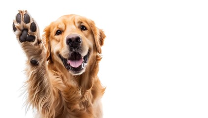 Golden Retriever dog smiling and waving its paw for a high five white background