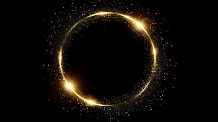 Golden glowing circle frame with glitter and light particles on a black background,