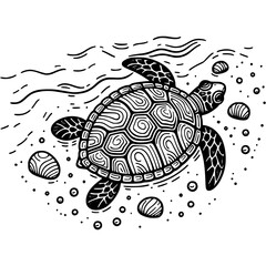Sea turtle crawls along shore in monochrome. Adult turtle near water. Simple minimalistic vector in black ink drawing on transparent background