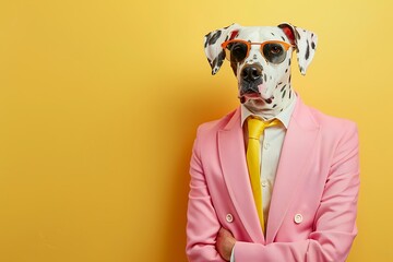 Dalmatian dog in pink suit and sunglasses isolated on pastel background 