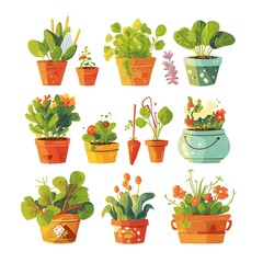 Fototapeta premium Colorful Potted Plants and Flowers in Decorative Ceramic Planters on White Background