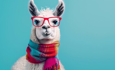 Cute white llama with colorful scarf and red glasses on pastel background