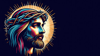 colorful vector style illustration of Jesus Christ face, magenta, cyan and yellow, on dark blue background, space for copy text