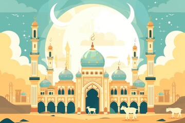 Eid Al Adha Banner Design Vector Illustration. Islamic and Arabic Background for Muslim Community Festival. Moslem Holiday. 3D Modern Islamic  suitable for Ramadan, Raya Hari, Eid al Adha and Mawlid.