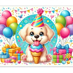 Obraz premium A cartoon dog with a cone and balloons art realistic attractive harmony illustrator.