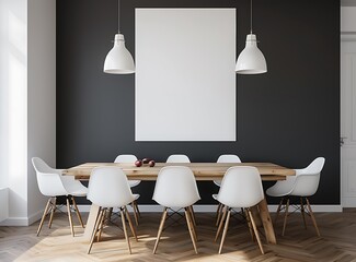 White chairs around a wooden dining table in a white room with a black wall and a poster on it in the style of a stock photo, of high quality