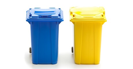 Blue and yellow plastic recycling trash cans isolated on white background 
