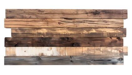 A set of rustic wooden planks with varying textures and colors, arranged horizontally on top of each other against a white background.
