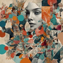 Beautiful young woman with abstract colorful background. Contemporary art collage.