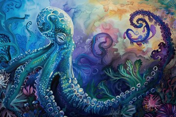 Obraz premium Depths of Water Colours: a watercolour portrait of underwater world, where play of colours creates the illusion of diving into the depths of the ocean, home to mysterious creatures and amazing plants.