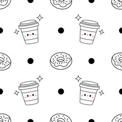 cute cup and donut seamless pattern kawaii style black and white background