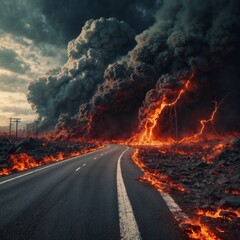 Burning asphalt road through the forest. Global warming and climate change concept