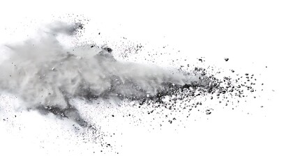 A pile of powder flying out from the top left corner to right side, on white background 