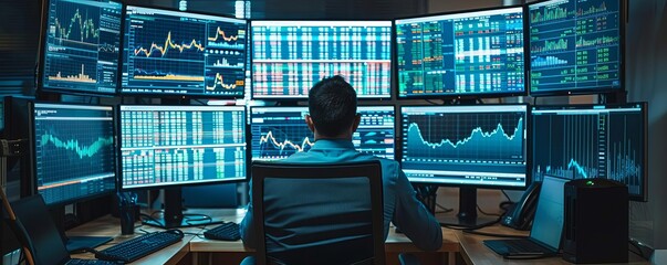 Banking industry strategic room with financial analysts monitoring realtime market data on multiple screens