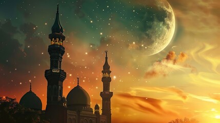 A night sky with a crescent moon and a mosque with blue and purple lighting.

