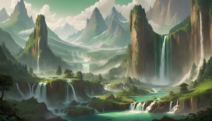 A fantasy landscape with towering mountains and ca upscaled_8