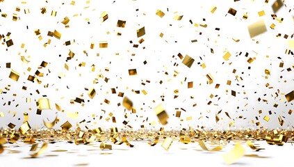A lot of golden confetti falling on a white background and many gold pixel art icons are scattered 