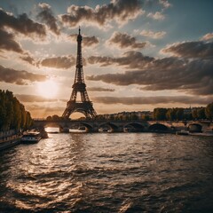 Beautiful view of the Eiffel Tower at sunset in Paris, France