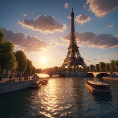 The Eiffel Tower at sunset in Paris, France. View from the Seine