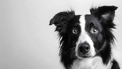 A black and white border collie with surprised eyes, against a white background