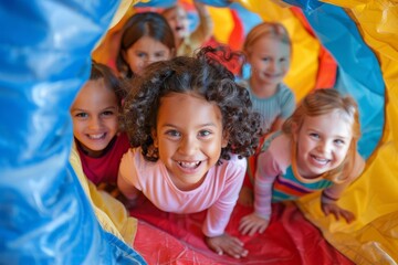 Fototapeta premium High angle view of preschoolers crawling through a colorful play maze, their laughter and shouts of excitement echoing through the room