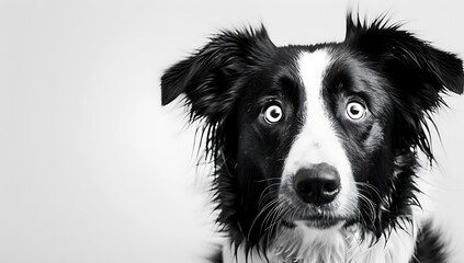 A black and white border collie with surprised eyes, against a white background