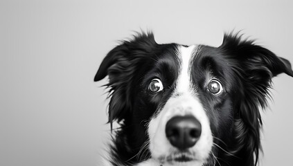 A black and white border collie with surprised eyes, against a white background