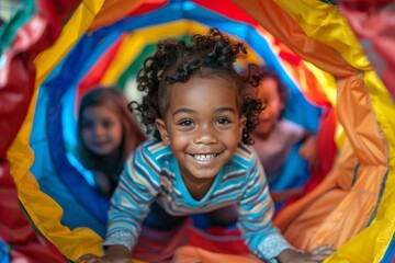 Close up of preschoolers crawling through a colorful play tunnel, their faces filled with excitement as they navigate the twisting paths