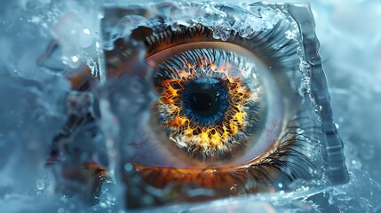 A big eye frozen in an ice cube, blue and orange light reflections on the surface of snow,