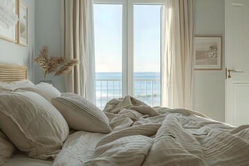 Coastal style interior design of modern bedroom.
