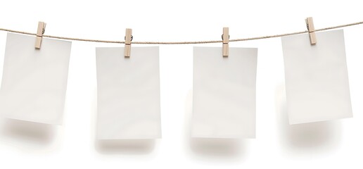 4 white photo paper sheets hanging on a clothesline with wooden clothespins against a white...