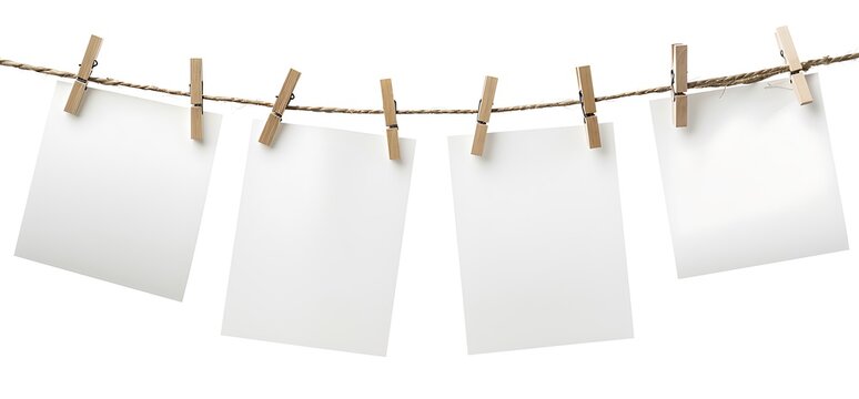 4 white photo paper sheets hanging on a clothesline with wooden clothespins against a white background